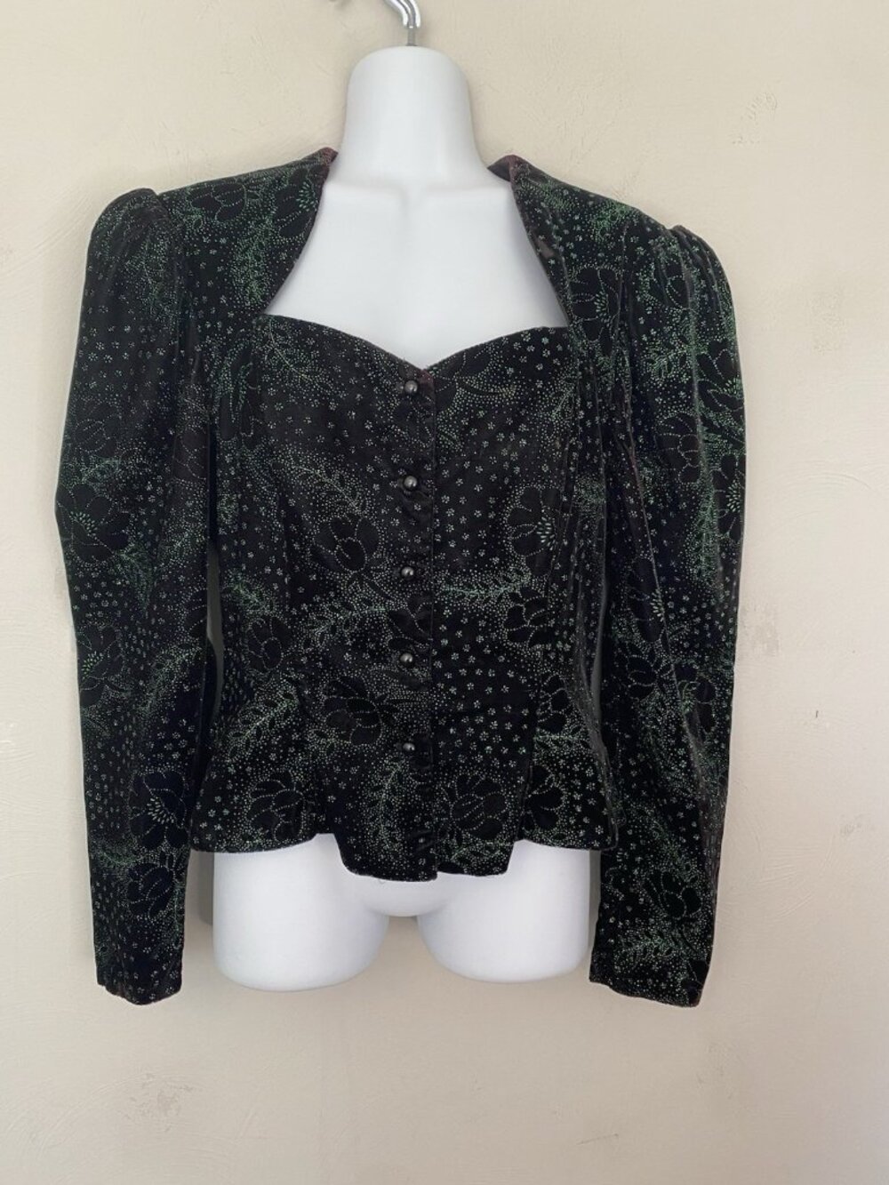 VTG Gunne Sax Top Peplum Black Green Iridescence Floral Jessica McClintock Sz 9